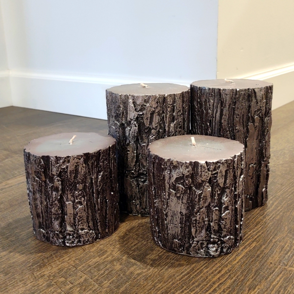 Festive tree bark textured candles, silver color, unburned